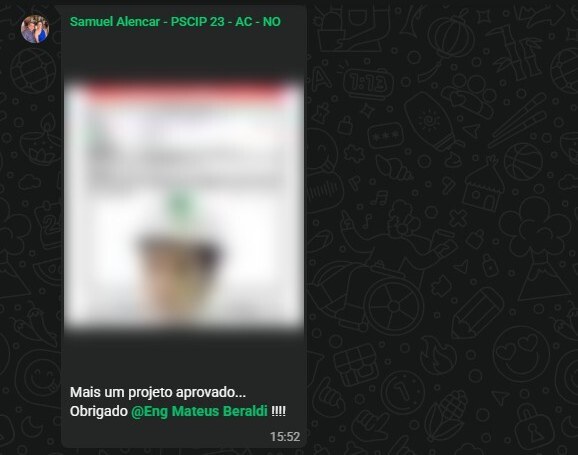 Print da comunidade de projetistas: um aluno posta um projeto aprovado e agradece ao Eng. Mateus Beraldi