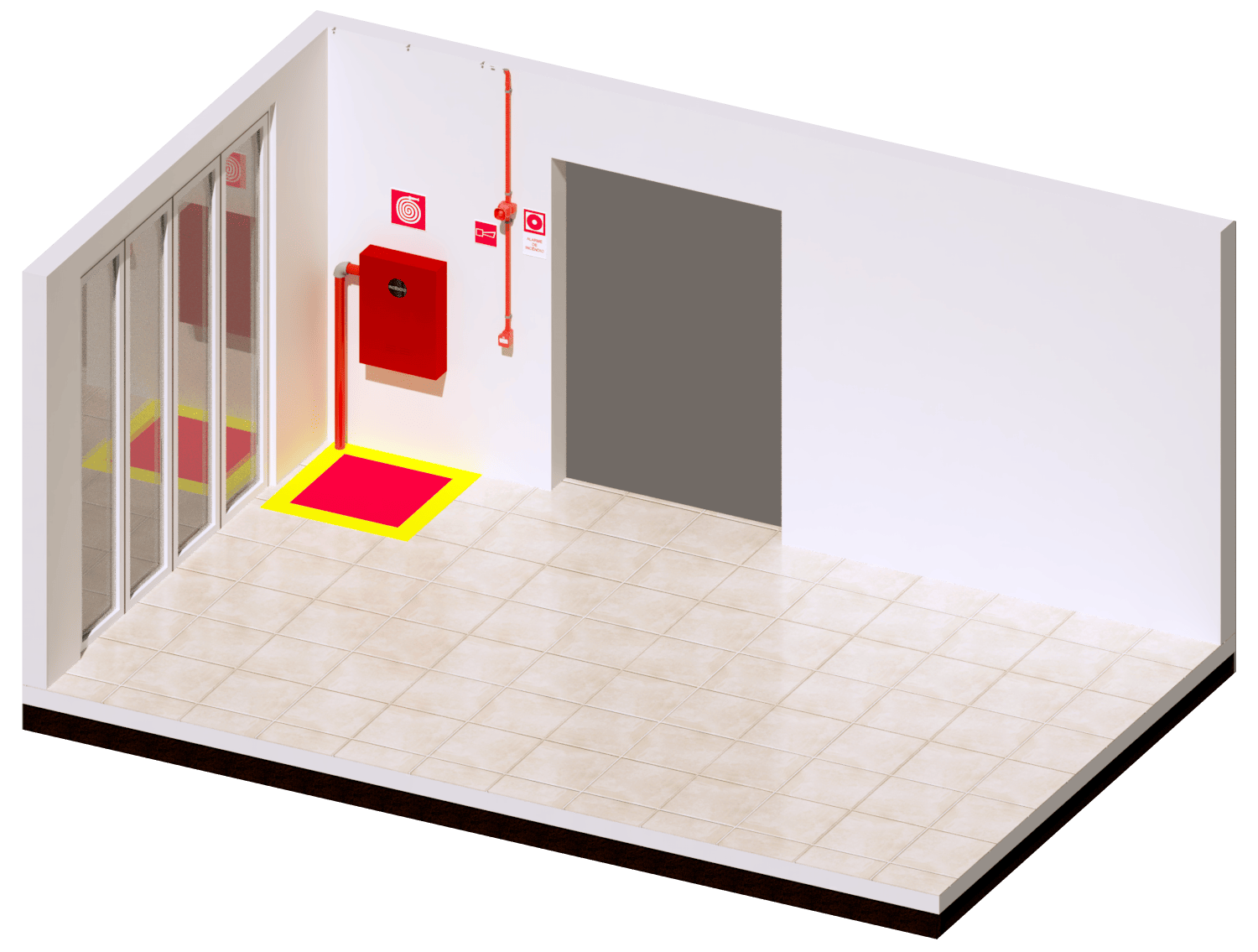 Render isométrico de projeto PSCIP modelado no Revit — hidrantes, sinalização e rotas de fuga