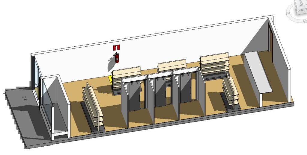 Visualização 3D da opção 2× pó ABC posicionada no salão da loja